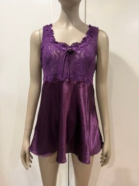 Vintage Cinema Etoile 80s Purple Lace and Satin Babydoll Slip Lingerie Small